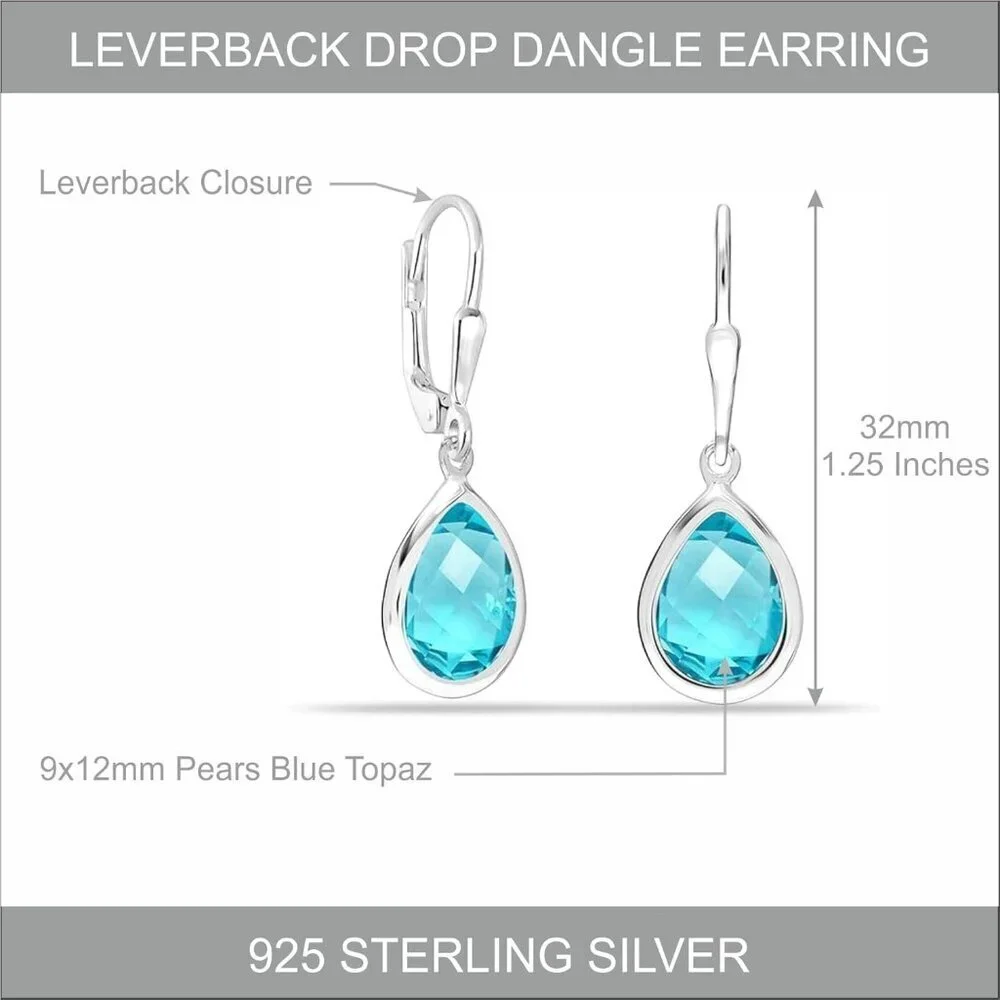 Women's Sterling Silver Drop Created Birthstone Leverback Light Blue Earring - Picture 3 of 6